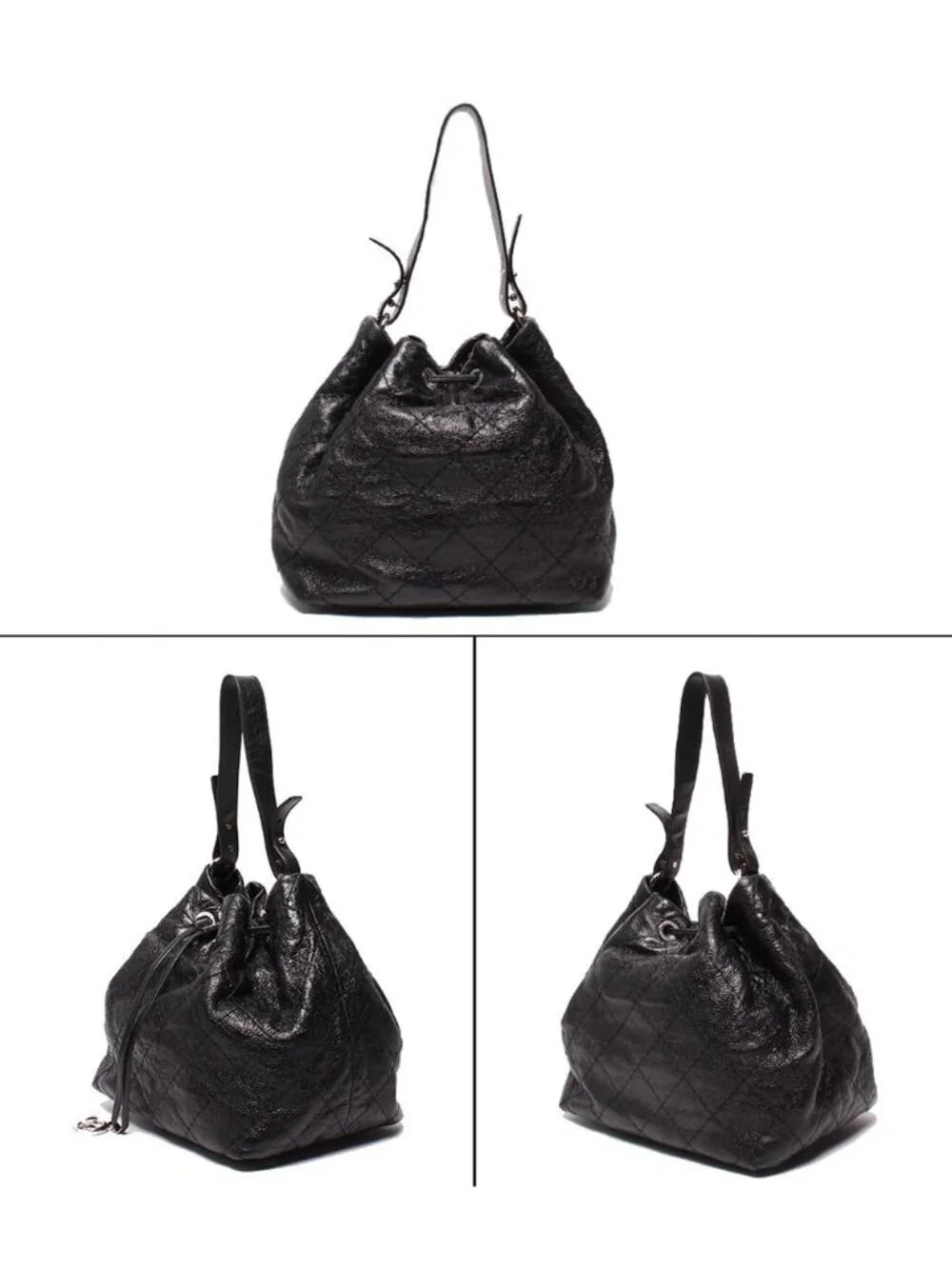 Chanel Leather Shoulder Bag Drawstring Quilted Silver on the Road
